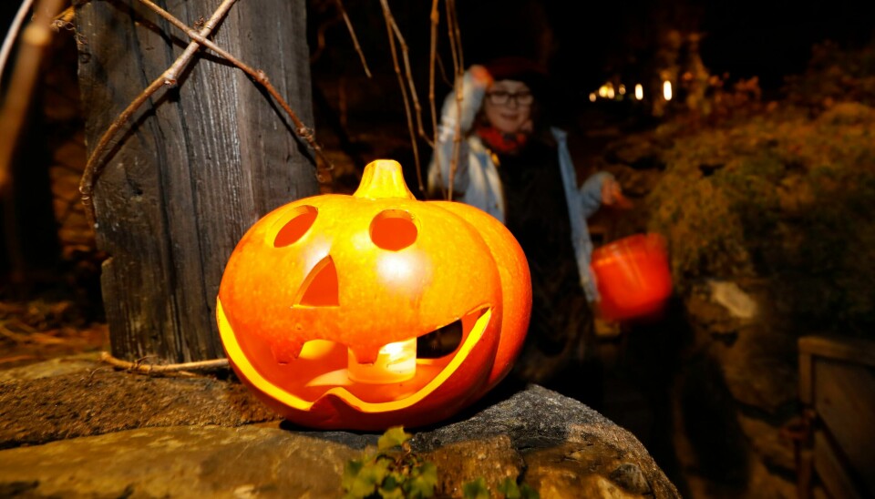 Lysende gresskar utenfor hus frister Halloween utkledde barn til å å gå rundt og ringe på dører og si 'knask eller knep' for å samle inn godterier. halloween