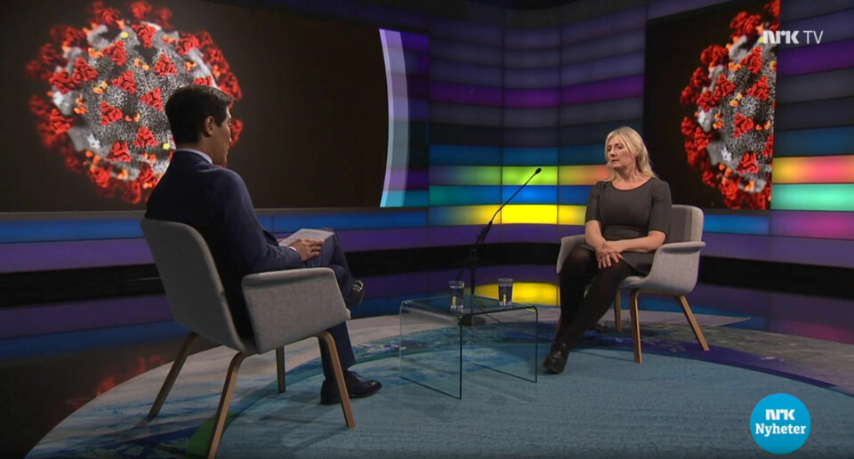 Gunhild Nyborg under NRKs Debatten 17. mars 2020. Til venstre: programleder Fredrik Solvang. Gunhild Nyborg under NRKs Debatten 17. mars 2020. Til høyre: programleder Fredrik Solvang.