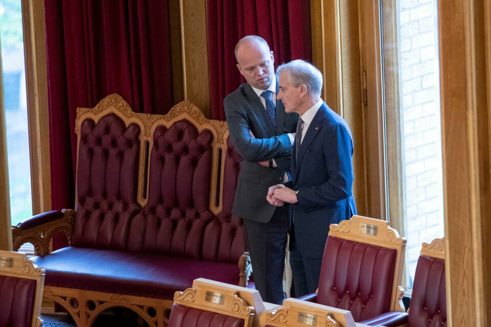 Statsminister Jonas Gahr Støre (Ap) og finansminister Trygve Slagsvold Vedum (Sp) står foran den første, viktige testen i Stortinget når forhandlingene om statsbudsjettet kommer i gang. Statsminister Jonas Gahr Støre (Ap) og finansminister Trygve Slagsvold Vedum (Sp) i Stortinget når regjeringserklæringen og trontalen blir debattert onsdag.