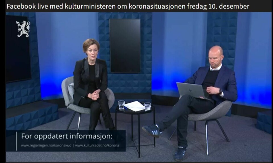 Nettmøte med kulturminister Anette Trettebergstuen om koronasituasjonen, fredag 10. desember Nettmøte med kulturminister Anette Trettebergstuen om koronasituasjonen, fredag 10. desember