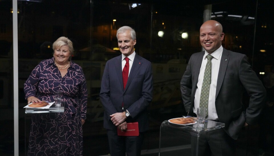 Erna Solberg, Jonas Gahr Støre og Trygve Slagsvold Vedum deltok på TV 2s statsministerdebatt søndag kveld. Erna Solberg, Jonas Gahr Støre og Trygve Slagsvold Vedum.