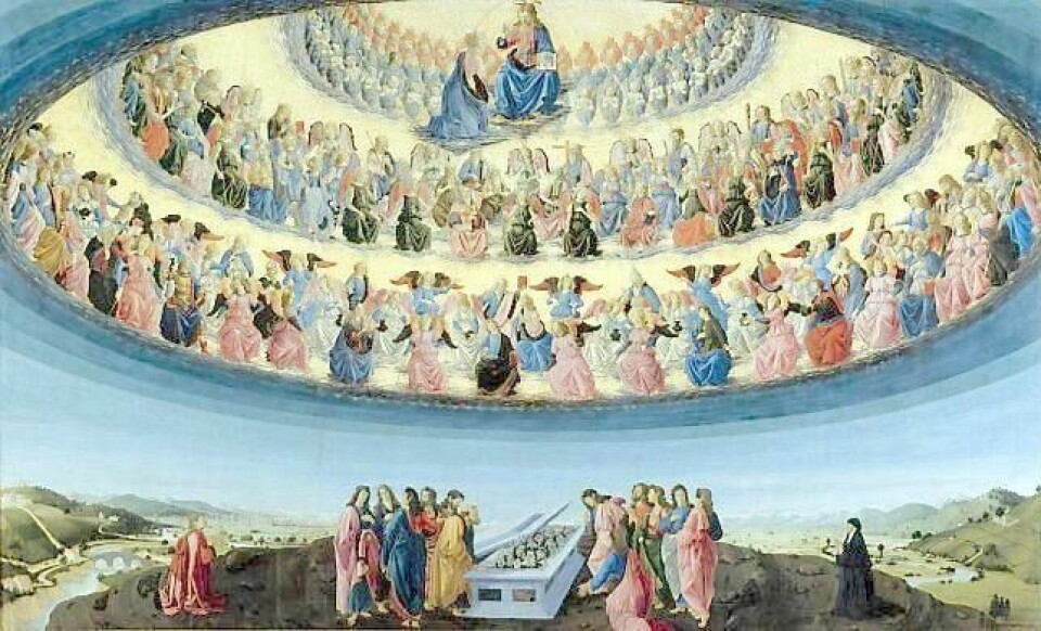 Bibelens engler er rangert etter funksjon og avstand til Gud. I dette bildet, av Francesco Botticini, sees de ni forskjellige engletypene - delt i tre nivåer, eller ordener, med tre klasser i hvert nivå. FOTO: WIKIMEDIA