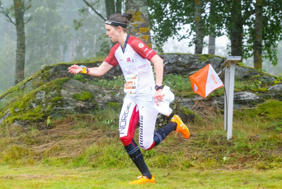 Andrine Benjaminsen tok Norge til VM-bronse på kvinnestafetten i orientering i Tsjekkia torsdag. Andrine Benjaminsen tok Norge til VM-bronse på kvinnestafetten i orientering i Tsjekkia torsdag. Foto: Audun Braastad / NTB