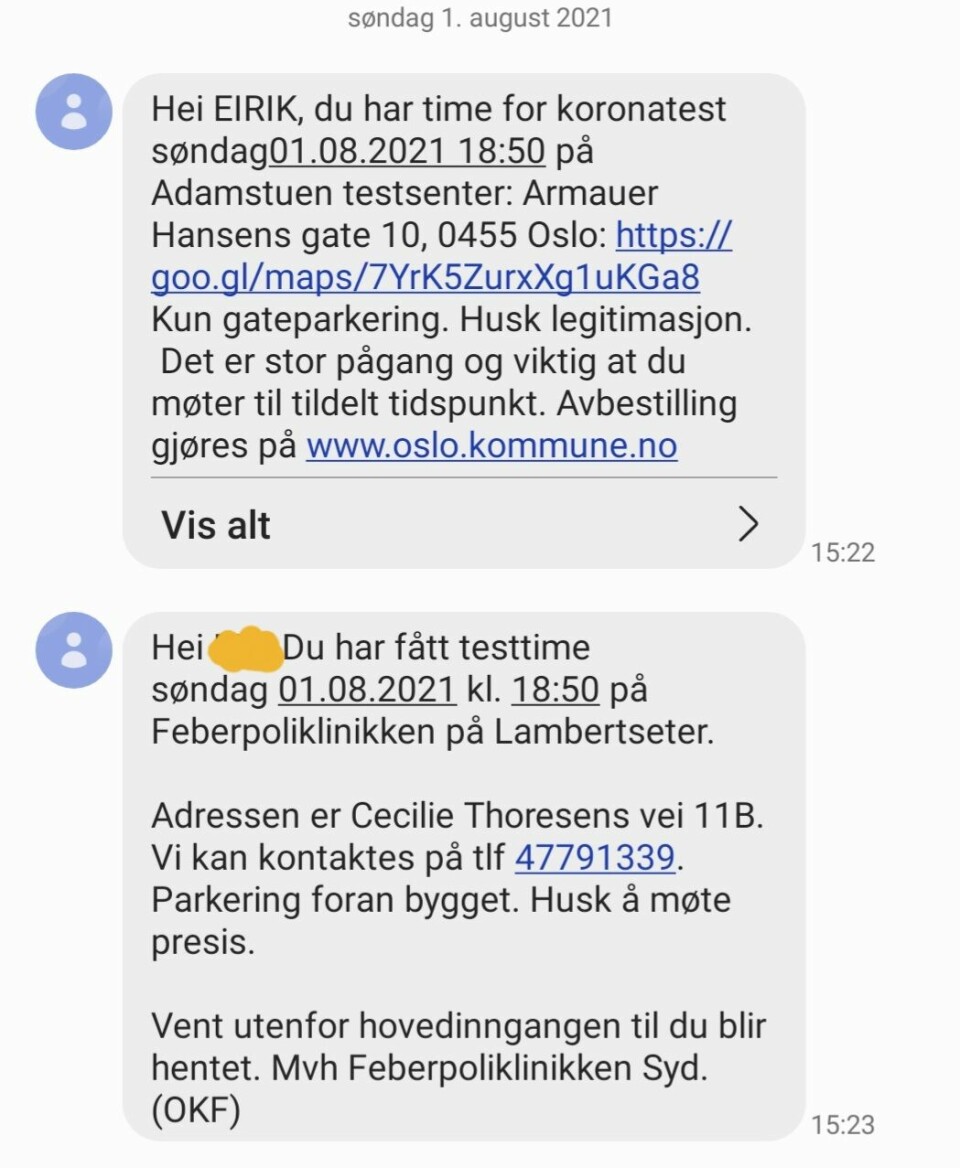 Koronatest-innkallingen til Eirik Hoff Lysholm og hans mindreårige datter på samme tidspunkt, men til to ulike teststeder, 12 kilometer fra hverandre. Innkalling til koronatest.