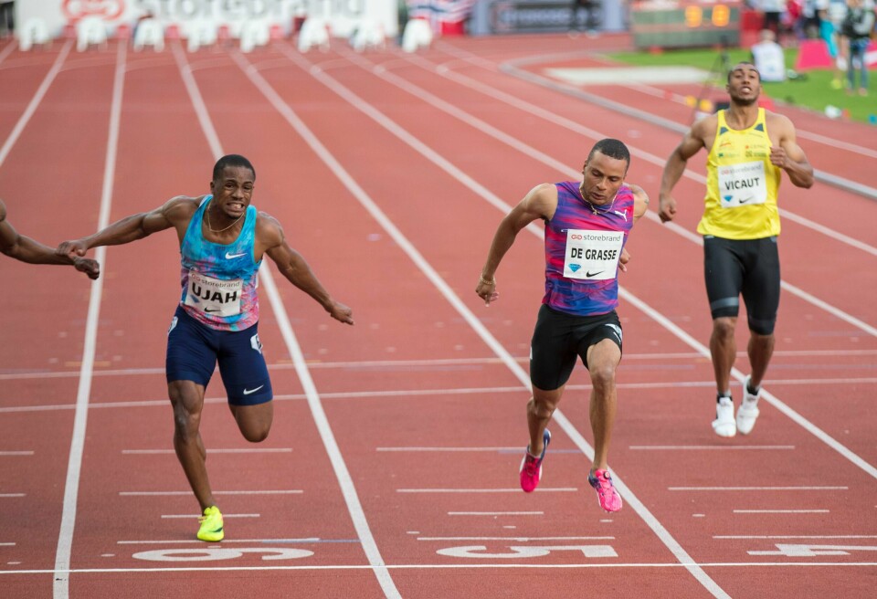 Chijindu Ujah (til v.) i aksjon under Bislett Games for noen år siden. Britens positive dopingprøve fører trolig til tapt OL-sølv i stafett. Andre De Grasse (midt i bildet) og hans canadiske lagkamerater vil da overta sølvet. Chijindu Ujah (til v.) i aksjon under Bislett Games for noen år siden. Britens positive dopingprøve fører trolig til tapt OL-sølv i stafett. Andre De Grasse (midt i bildet) og hans canadiske lagkamerater vil da overta sølvet. Foto: Vidar Ruud / NTB