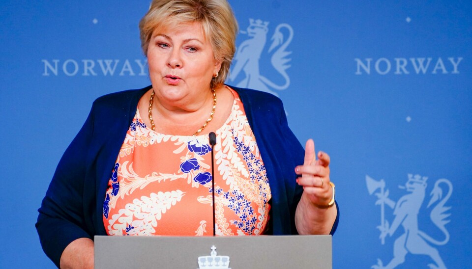Statsminister Erna Solberg holder pressekonferanse etter at Kjell Ingolf Ropstad varslet at han går av som minister og trekker seg som partileder i KrF. Statsminister Erna Solberg mener SMKs kommunikasjon med skattemyndighetene må bli skriftlig i fremtiden slik at misforståelser kan unngås. Foto: Terje Pedersen / NTB