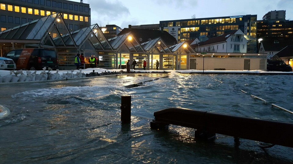 Klimaprojeksjoner gjort av Meteorologisk institutt viser at somrene i årene fremmer vil bli preget av langt flere og kraftigere episoder med styrtregn. Her etter en kraftig regnskyll i Pedersgata. Foto: Lasse Hansen