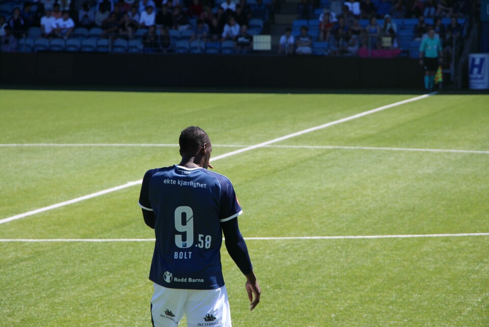Usain Bolt, nummer 9.58, under treningskamp for Godset mot G19-landslaget på Marienlyst. FOTO: KENNETH LIA SOLBERG