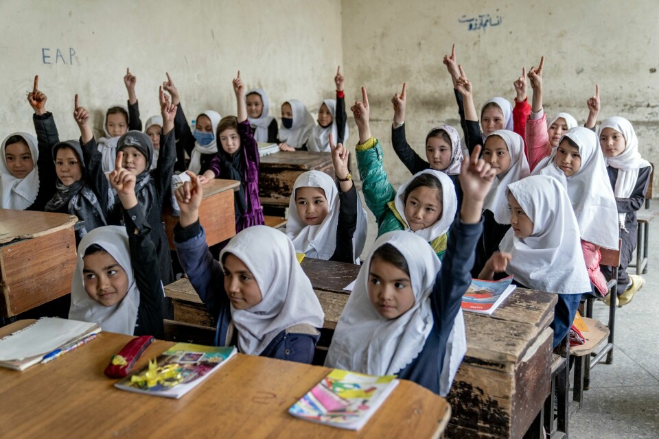 Jentene i Afghanistan kan bare gå på skole til de blir 11 år gamle. Afghanske skolejenter fra fjorårets skolestart i Kabul, 25. mars 2023. Arkivfoto: Ebrahim Noroozi / AP / NTB