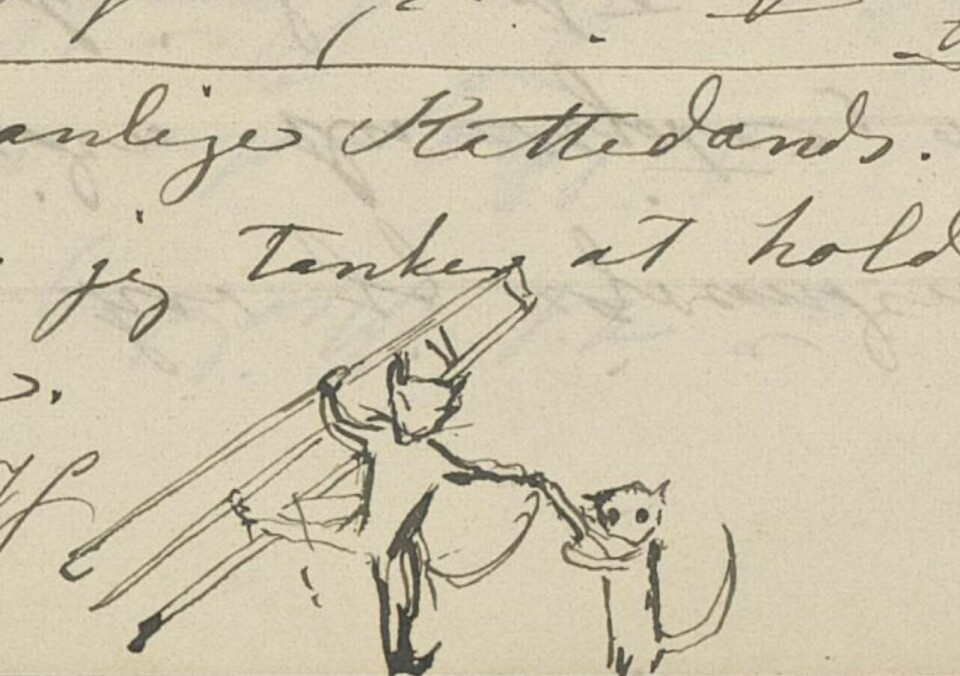 Tegningen av lille katte-Honoria som river katte-mor vekk fra staffeliet stammer fra et brev Mathilde skrev til Honorias far i 1872. Tegningen av lille katte-Honoria som river katte-mor vekk fra staffeliet stammer fra et brev Mathilde skrev til Honorias far i 1872.