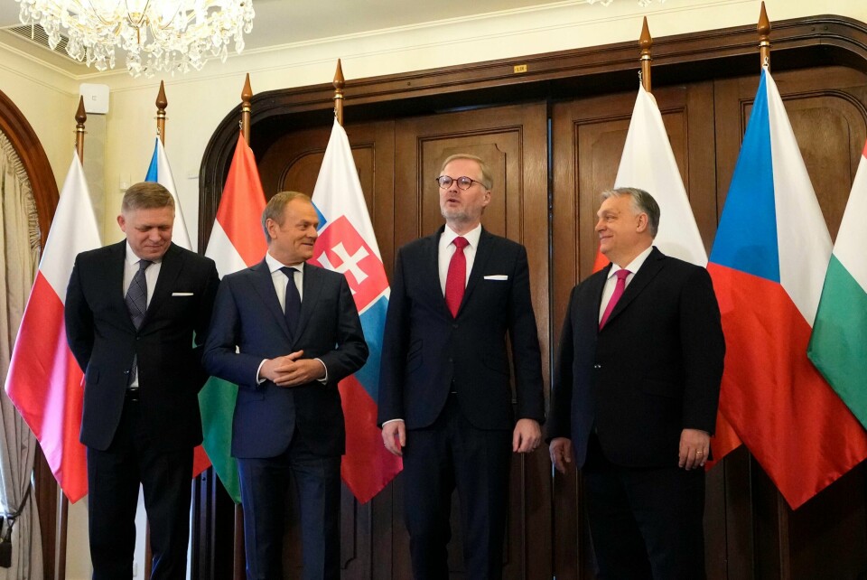 De fire sentraleuropeiske statsministrene har totalt forskjellige syn på krigen i Ukraina, fra venstre, Slovakias statsminister Robert Fico, Polens statsminister Donald Tusk, Tsjekkias statsminister Petr Fiala og Ungarns statsminister Viktor Orban. De fire sentraleuropeiske statsministrene har totalt forskjellige syn på krigen i Ukraina, fra venstre, Slovakias statsminister Robert Fico, Polens statsminister Donald Tusk, Tsjekkias statsminister Petr Fiala og Ungarns statsminister Viktor Orban. Foto: Petr David Josek / AP / NTB