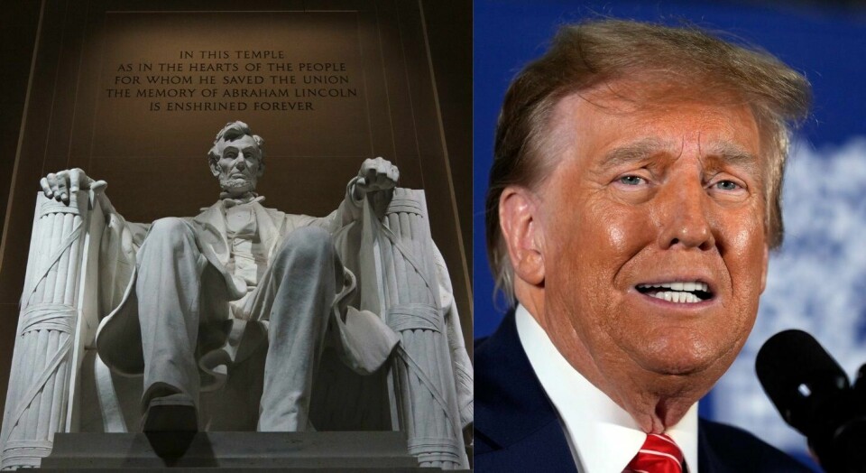 Tidligere president Abraham Lincoln må se langt ned på lista før han kan få øye på sin partifelle, tidligere president Donald Trump. På lista er Lincoln på topp og Trump på bunn. Et bilde av Abraham Lincoln-monumentet i Washington D.C. og et bilde av tidligere president Donald Trump.