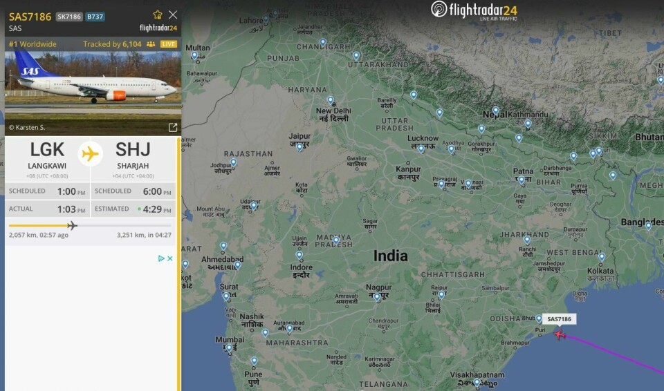 SAS-flyet som frakter kong Harald hjem fra Malaysia, er det mest fulgte flyet på Flightradar24 søndag morgen. SAS-flyet som frakter kong Harald hjem fra Malaysia, er det mest fulgte flyet på Flightradar24 søndag morgen. Foto: Skjermbilde/Flightradar24 / NTB