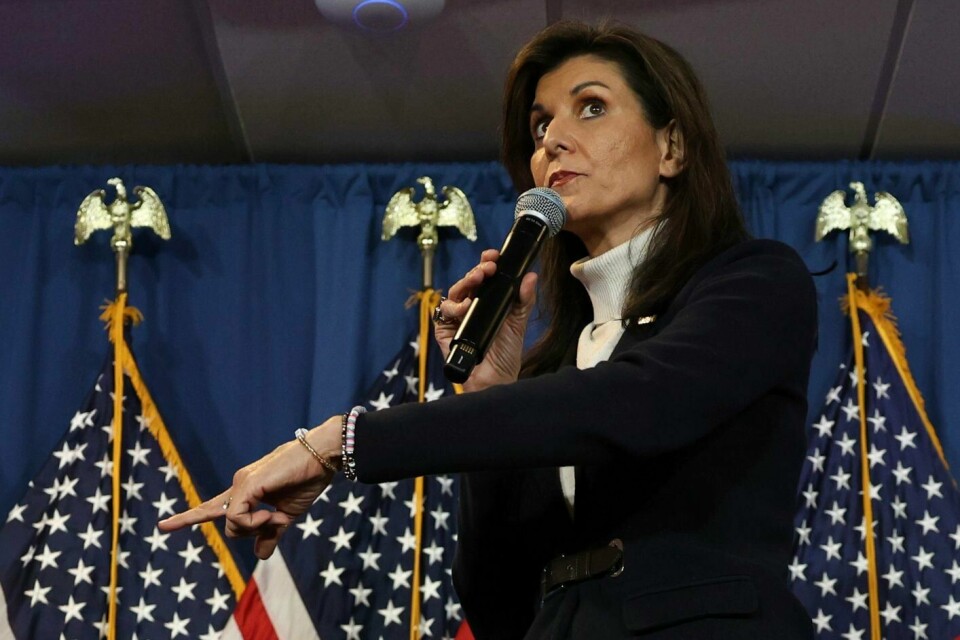 Nikki Haley under et valgkamparrangement i Portland i delstaten Maine søndag. Nikki Haley under et valgkamparrangement i Portland i delstaten Maine søndag. Foto: Reba Saldanha / AP / NTB
