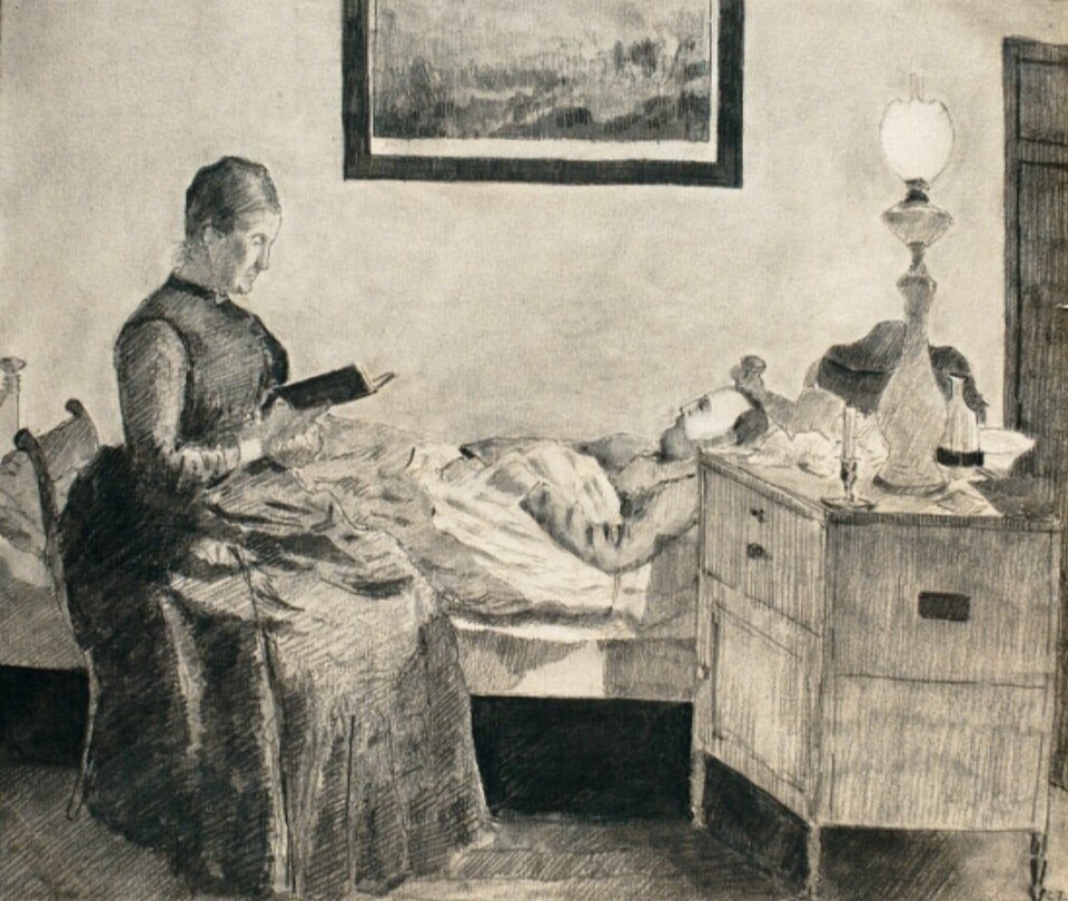 Kvinne leser for syk mann. Blyanttegning av ukjent kunstner. Kvinne leser for syk mann. Blyanttegning av ukjent kunstner.