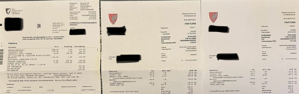 Kristine Steen-Andreassen delte tre sammenligbare fakturaer på kommunale eiendomsgebyrer. Kristine Steen-Andreassen delte tre sammenligbare fakturaer på kommunale eiendomsgebyrer.
