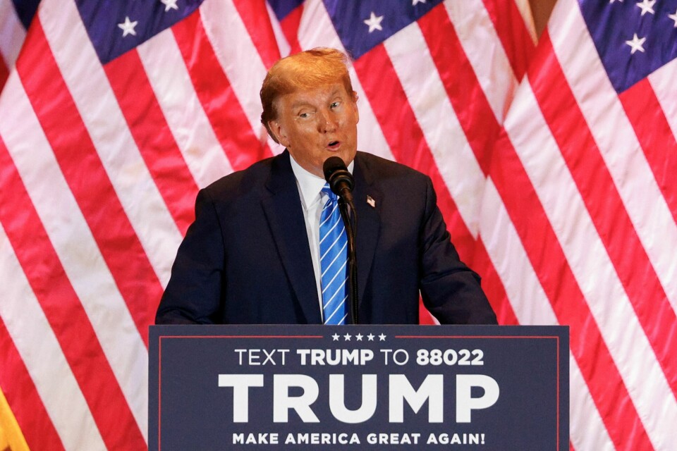 Ekspresident Donald Trump skal kjempe mot Joe Biden i presidentvalget i USA 5. november. Republican presidential candidate and former U.S. President Donald Trump speaks at a watch party event to mark the Super Tuesday primary elections at his Mar-a-Lago property, in Palm Beach, Florida, U.S. March 5, 2024. REUTERS/Marco Bello REFILE - QUALITY REPEAT