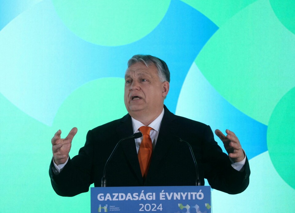 Ungarns statsminister Viktor Orban avbildet under mandagens forum i hovedstaden Budapest. FILE PHOTO: Hungarian Prime Minister Viktor Orban speaks during an economic forum in Budapest, Hungary, March 4, 2024. REUTERS/Bernadett Szabo/File Photo