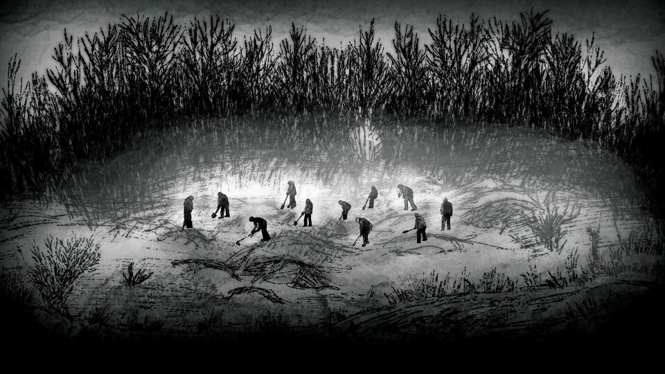Krigen i Ukraina, her illustrert av Peter Hamlin i nyhetsbyrået AP, har kostet utallige liv. Russlands fullskala invasjon av landet startet i februar 2022. Illustration of detained Ukrainian civilians digging into frozen ground. (AP Illustration/Peter Hamlin)