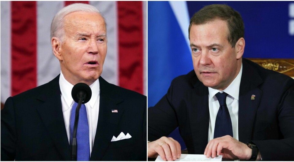 USAs president Joe Biden og Russlands ekspresident Dmitrij Medvedev. Montasje.