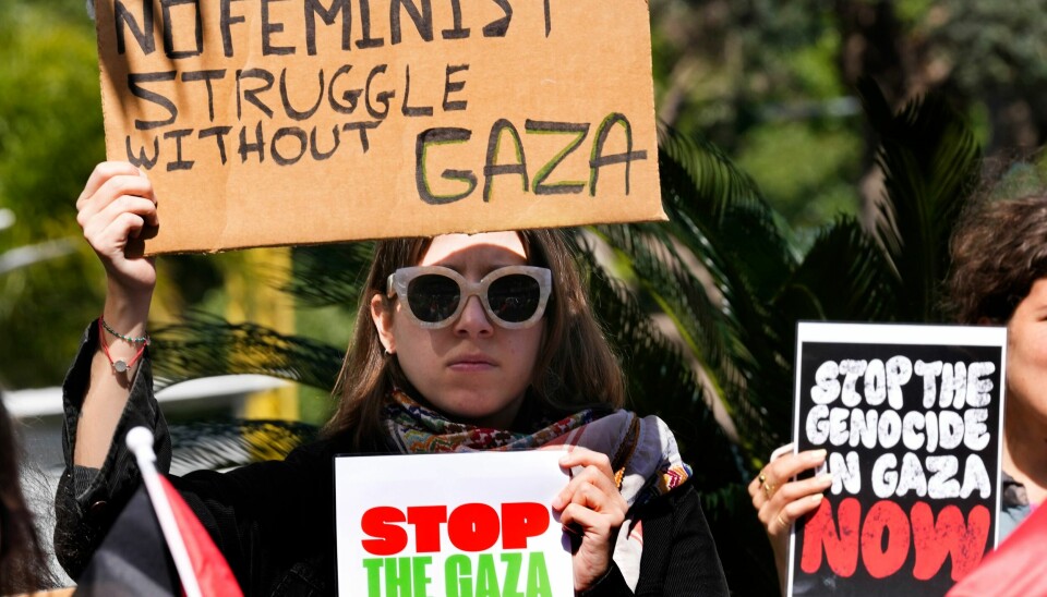 Fokuset lå på kvinnene som lider i Gaza, da libanesiske kvinner demonstrerte fredag. Fokuset lå på kvinnene som lider i Gaza, da libanesiske kvinner demonstrerte fredag. Foto: Hussein Malla / AP / NTB
