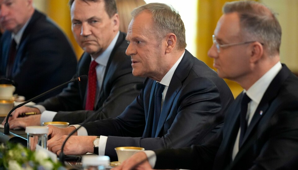 Utenriksminister Radek Sikorski (nr. to fra venstre) vil ha utskiftninger blant Polens ambassadører. Han støttes av statsminister Donald Tusk (i midten), men trenger godkjennelse av den konservative presidenten Andrzej Duda (til høyre). Utenriksminister Radek Sikorski (nr. to fra venstre) vil ha utskiftninger blant Polens ambassadører. Han støttes av statsminister Donald Tusk (i midten), men trenger godkjennelse av den konservative presidenten Andrzej Duda (til høyre). Foto: Andrew Harnik / AP / NTB