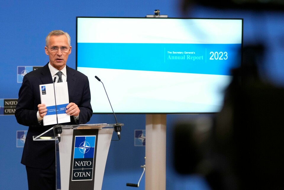 Nato-sjef Jens Stoltenberg presenterte torsdag årsrapporten for 2023. Her går det fram hvor mye alliansens medlemsland brukte på forsvar i fjor. Nato-sjef Jens Stoltenberg presenterte torsdag årsrapporten for 2023. Her går det fram hvor mye alliansens medlemsland brukte på forsvar i fjor. Foto: Virginia Mayo / AP / NTB