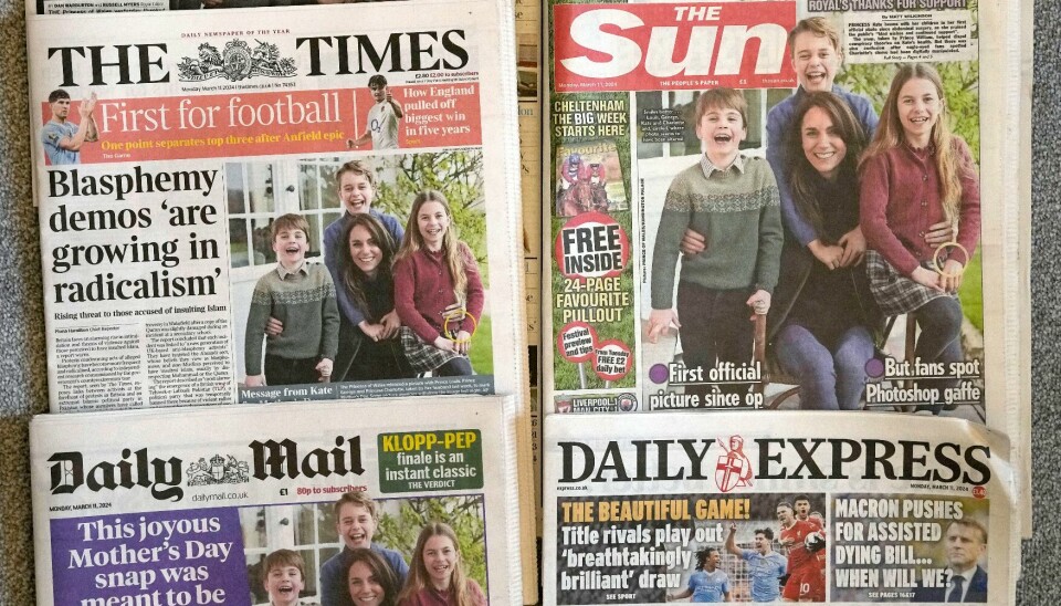 En montasje av britiske aviser med bildet av Kate, prinsesse av Wales og hennes barn. som ble publisert mandag 11. mars 2024. En montasje av britiske aviser med bildet av Kate, prinsesse av Wales og hennes barn. som ble publisert mandag 11. mars 2024.