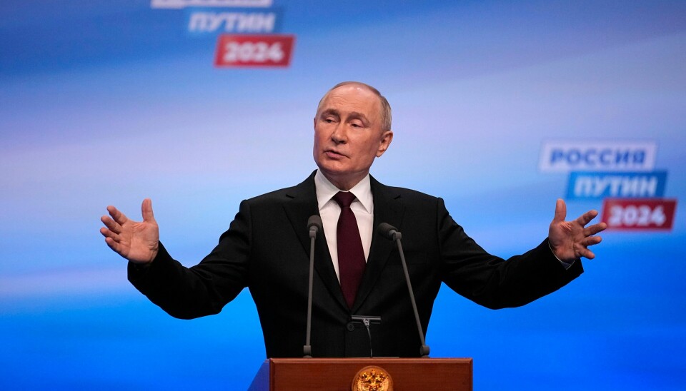 Russland og president Vladimir Putin gikk til fullskala invasjon av Ukraina i februar 2022. Åtte år tidligere annekterte russerne Krim-halvøya og områder i Øst-Ukraina. Russian President Vladimir Putin speaks on a visit to his campaign headquarters after a presidential election in Moscow, early Monday, March 18, 2024. (AP Photo/Alexander Zemlianichenko)