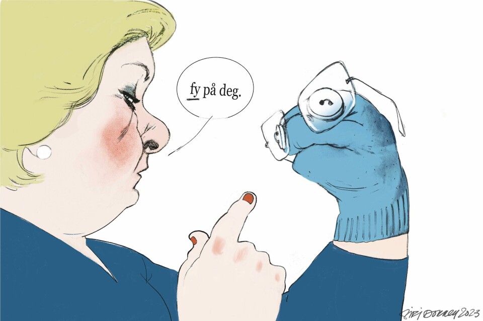 Illustrasjon av Erna Solberg. Siri promo.
