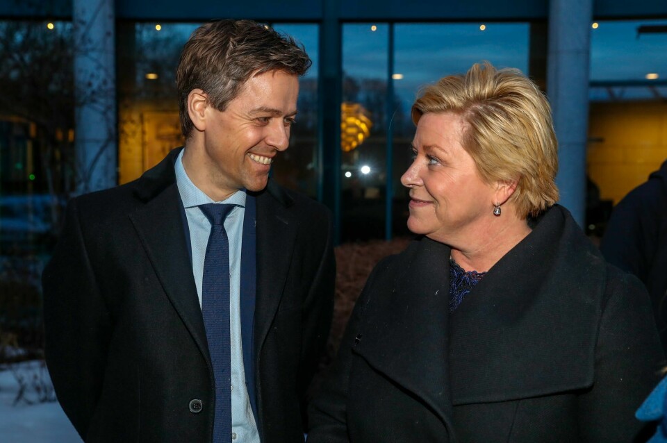 Knut Arild Hareide har hatt mye kontakt med Siv Jensen i sin rolle som sjøfartsdirektør. Her fra 2018, da de to var partileder i henholdsvis KrF og Frp. Knut Arild Hareide har hatt mye kontakt med Siv Jensen i sin rolle som sjøfartsdirektør. Her fra 2018, da de to var partileder i henholdsvis KrF og Frp.