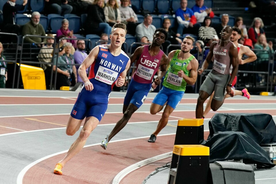 Karsten Warholm under 400 meter menn under friidretts-VM innendørs i Glasgow fredag. Karsten Warholm under 400 meter menn under friidretts-VM innendørs i Glasgow fredag. Foto: Lise Åserud / NTB