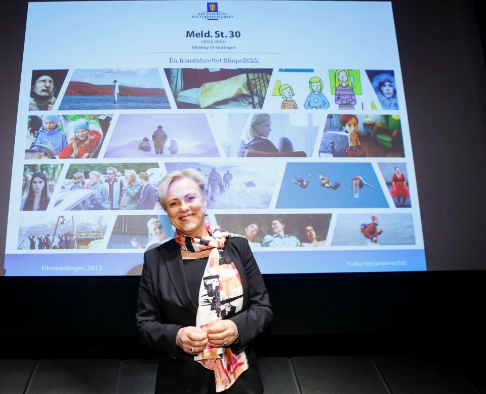 I mai lanserte kulturminister Thorhild Widvey stortingsmeldingen om film. Der avslørte hun at regjeringen vil lansere en incentivordning for film. Innholdet i ordningen kommer i statsbudsjettet. FOTO: HEIKO JUNGE/NTB SCANPIX