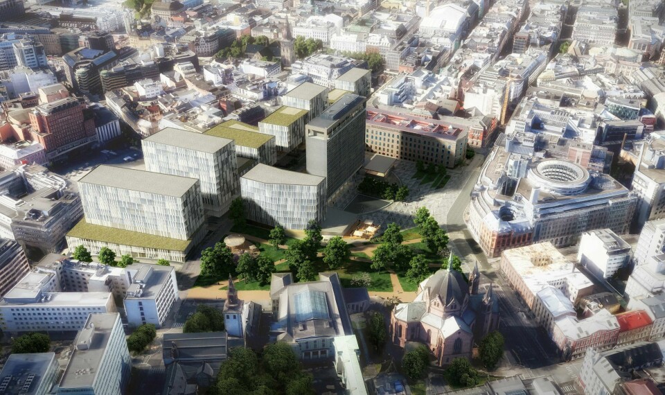 Slik mener Statsbygg at det nye regjeringskvartalet kan se ut. Mange trakk et lettelsens sukk da høyhusene fra forslagene til arkitektene var borte. ILLUSTRASJON: STATSBYGG/NTB SCANPIX