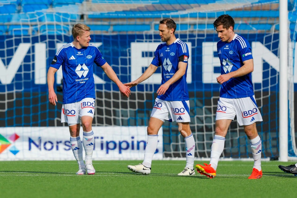 Kristian Eriksen (t.v.) og Magnus Wolff Eikrem (i midten) scoret mot Haugesund søndag. Kristian Eriksen (t.v.) og Magnus Wolff Eikrem (i midten) scoret mot Haugesund søndag.Foto: Svein Ove Ekornesvåg / NTB