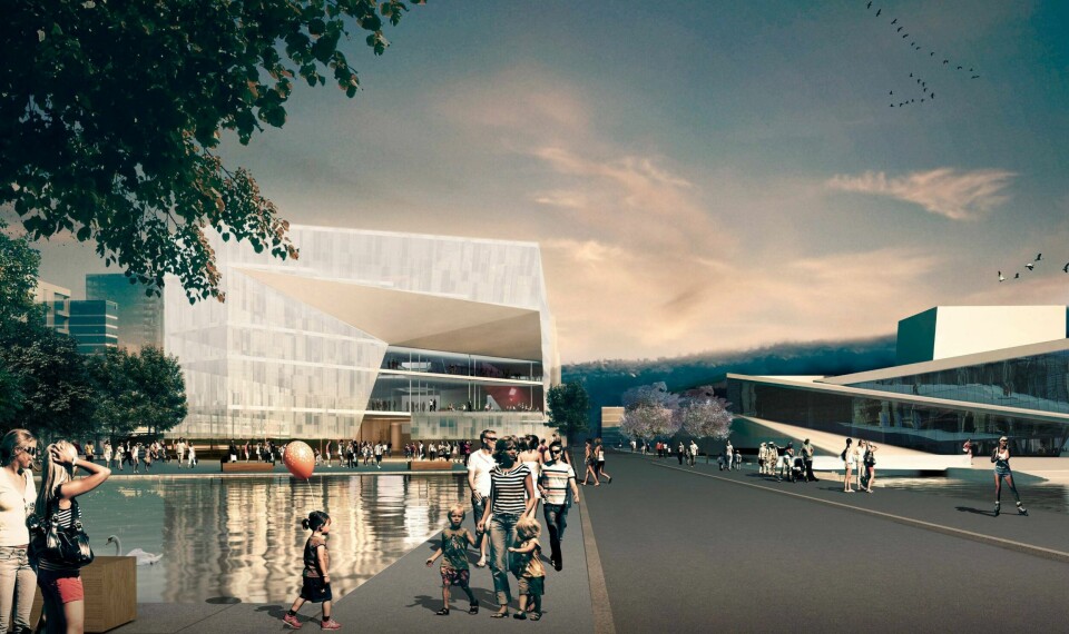 Bygget «Diagonale» er tegnet av Lund Hagem Arkitekter og Atelier Oslo. Byggingen av nytt bibliotek er blitt et skandaleprosjekt. FOTO: Lund Hagem/Atelier Oslo