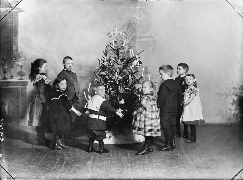 MED JULELYS OG NORSK(-SVENSKE) FLAGG 1902: I velstående hjem var det lenge vanlig at de voksne sto for pyntinga av treet. Et av høydepunktene for barna var når dørene inn til rommet der treet sto, ble åpna. Mye av pynten var hjemmelaga, og julekurvene inneholdt gjerne noe spiselig.
FOTO: ANDERS B. WILSE/OSLO MUSEUM