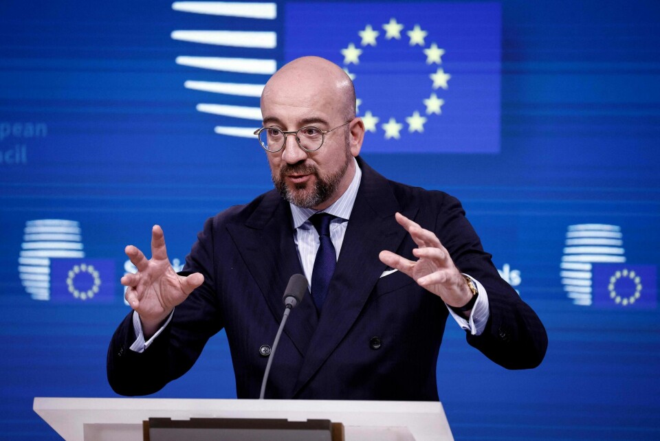 EU-topp Charles Michel har fyrt tilbake mot Donald Trumps påstander. European Council President Charles Michel attends a press conference on the report on the future of the single market ahead of a European Council summit at the EU headquarters in Brussels on April 17, 2024. (Photo by Kenzo TRIBOUILLARD / AFP)