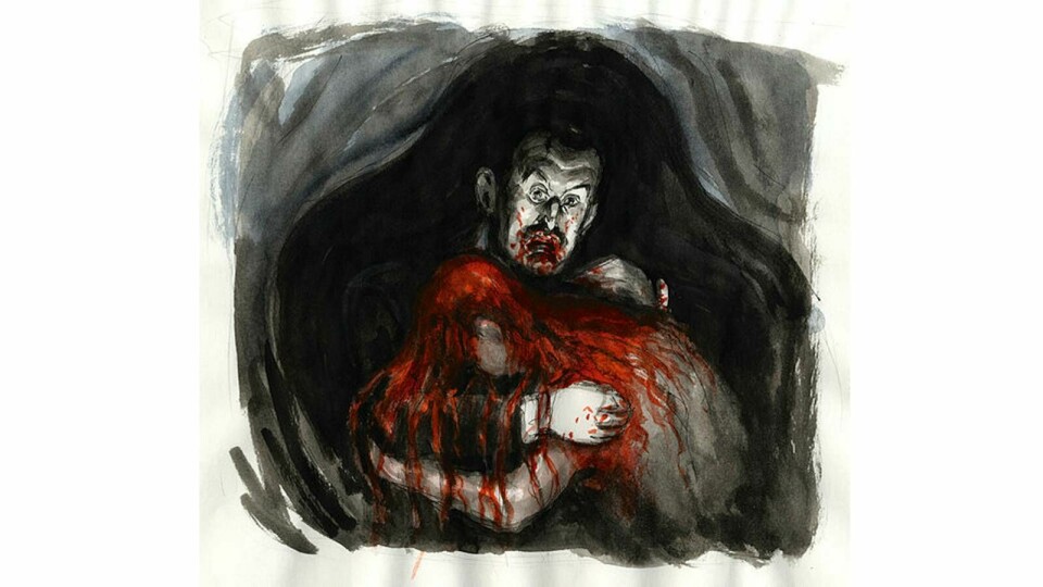 Edvard Munch i Steffen Kvernelands strek, illustrasjon fra boken «Vampyr».(Steffen Kverneland (Illustrasjon fra boken)) .