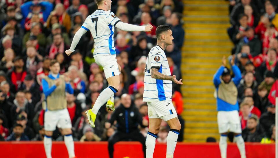 Gianluca Scamacca jubler etter å ha scoret mot Liverpool i Atalantas sjokkseier på Anfield. Gianluca Scamacca jubler etter å ha scoret mot Liverpool i Atalantas sjokkseier på Anfield. Foto: Jon Super, AP / NTB