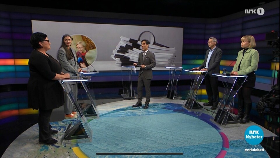 Ingvild Kjerkols masteroppgave var tema under Debatten på NRK torsdag. Fra venstre: Khrono-redaktør Tove Lie, Mette Kalager i Legeforeningen, programleder Fredrik Solvang, Iver B. Neumann og Oline Sæther, leder i Norsk studentorganisasjon (NSO). Ingvild Kjerkols masteroppgave var tema under Debatten på NRK torsdag. Fra venstre: Khrono-redaktør Tove Lie, Mette Kalager i Legeforeningen, programleder Fredrik Solvang, Iver B. Neumann og Oline Sæther, leder i Norsk studentorganisasjon (NSO).