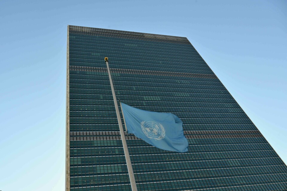 Sikkerhetsrådet gjennomfører sine møter i FN-bygningen i New York. A flag is flown at half mast at the United Nations headquarters in New York on November 13, 2023 as staff observe a minute's silence in memory of colleagues killed in Gaza during the Israel-Hamas conflict. The UN agency for supporting Palestinians (UNRWA) announced on November 10 that more than 100 of its employees had died in the Gaza Strip since the start of the war. (Photo by ANGELA WEISS / AFP)