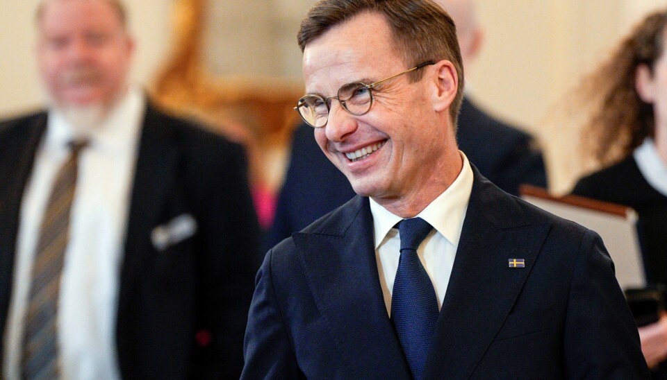 Sveriges statsminister Ulf Kristersson. En glad Ulf Kristersson under seremonien i det amerikanske utenriksdepartementet torsdag. Foto: Jess Rapfogel / AP / NTB