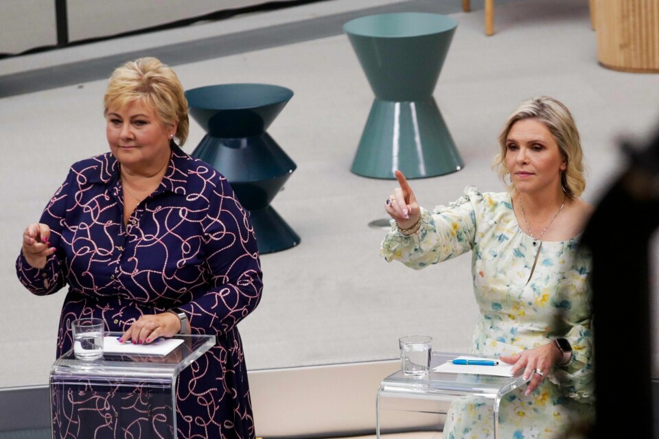 Erna Solberg (t.v.) og Sylvi Listhaug leder de borgerlige partiene Høyre og Fremskrittspartiet. Erna Solberg (t.v.) og Sylvi Listhaug leder de borgerlige partiene Høyre og Fremskrittspartiet. Foto: Emilie Holtet / NTB