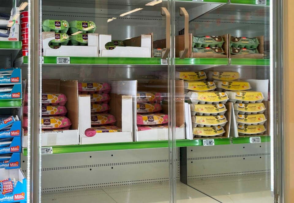 Kjølediskene i dagligvarebutikkene er ikke velfylte med egg. Men nå har danske egg fått plass ved siden av norske. Kjølediskene i dagligvarebutikkene er ikke velfylte med egg. Men nå har danske egg fått plass ved siden av norske.