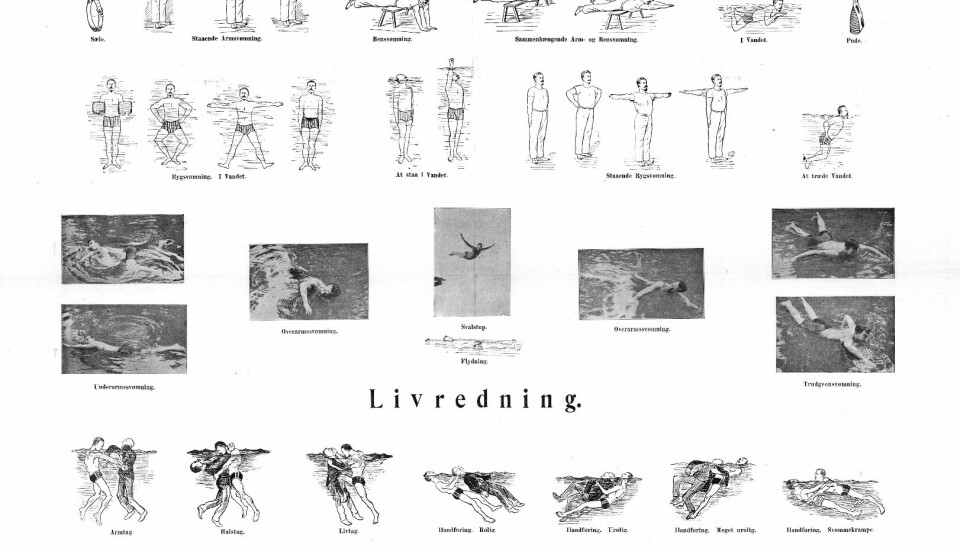 Instruksjonsplansje for svømme- og livredningsundervisning. Svømmelærer Hasvold var opptatt av å spre kunnskap om både svømming og livredning. Sammen med en håndbok om temaet ble disse plansjene trykket opp i 3000 eksemplarer og delt ut gratis til de badende i 1906. Små tegninger og bilder viser svømmeteknikk og hvordan utføre livredning.