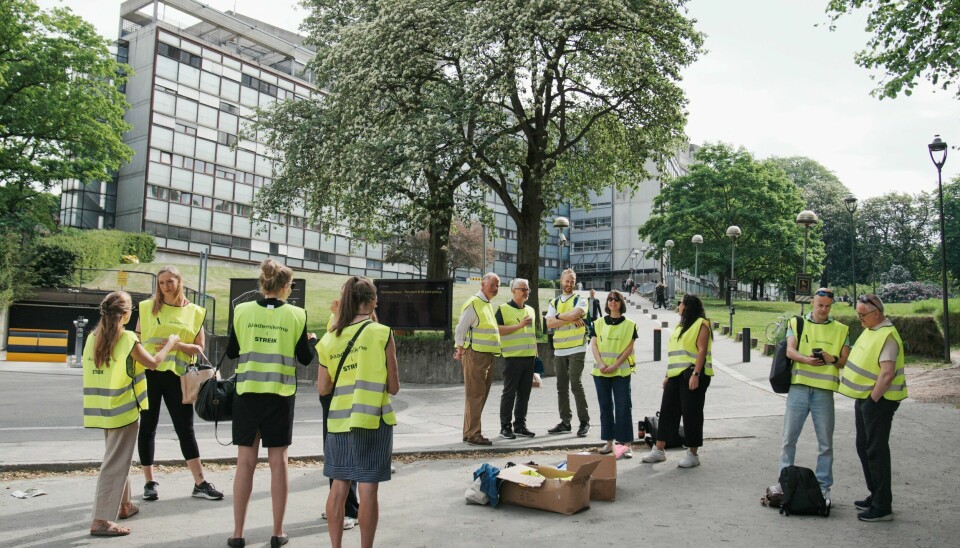 Ansatte i politiet som er organisert i Akademikerne er blant de fagorganiserte som nå streiker. Ansatte i politiet som er organisert i Akademikerne streiker utenfor Politihuset i Oslo, hovedkontoret til Oslo politidistrikt, etter at meklingen med staten ikke førte fram. Streiken rammer blant annet flere departementer, politiet og høyskoler. Foto: Stian Lysberg Solum / NTB