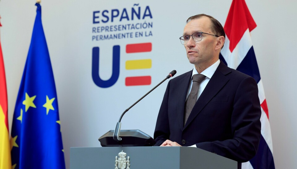 Utenriksminister Espen Barth Eide (Ap) la 500 millioner kroner på bordet på en giverlandskonferanse for Syria i EU-regi i Brussel mandag. Utenriksminister Espen Barth Eide under pressekonferansen i Brussel mandag. Foto: Geert Vanden Wijngaert / AP / NTB