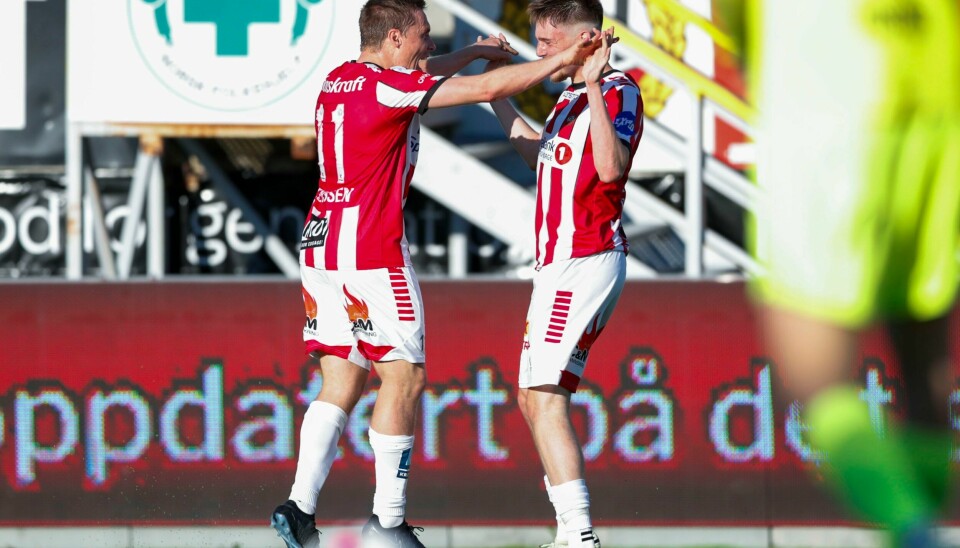 Jakob Romsaas har scoret 2-0-målet under eliteseriekampen mellom Tromsø og Fredrikstad på Romssa Arena. Jakob Romsaas har scoret 2-0-målet under eliteseriekampen mellom Tromsø og Fredrikstad på Romssa Arena. Foto: Rune Stoltz Bertinussen / NTB