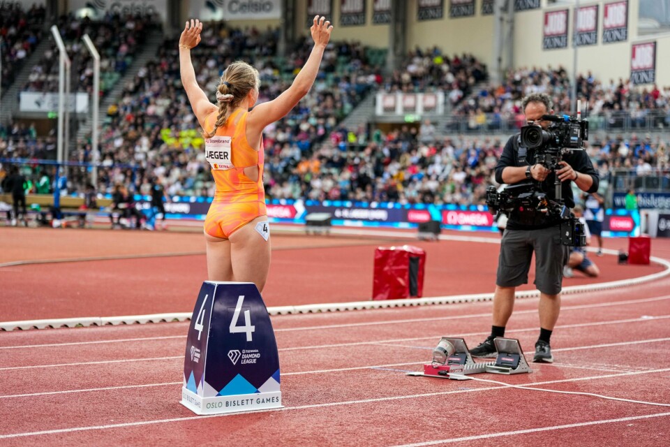 Henriette Jæger gjør seg klar til 400 meteren på Bislett. Norsk Henriette Jæger under 400 meter for kvinner under Diamond League Bislett Games 2024 på Bislett Stadion.Foto: Heiko Junge / NTB